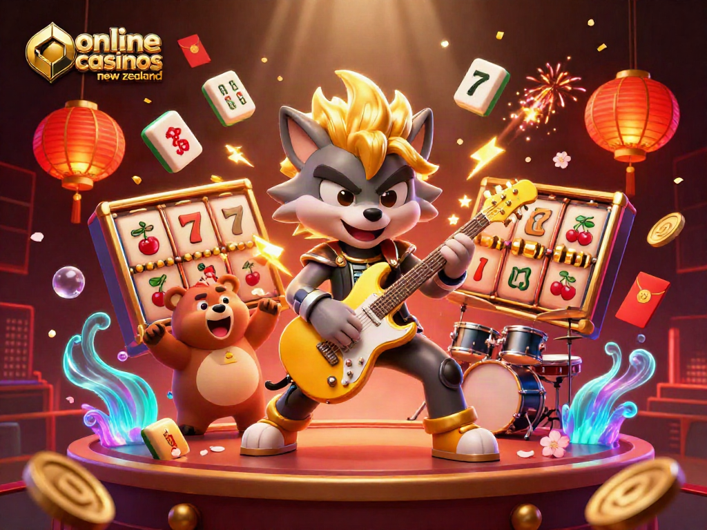 Experience vibrant entertainment with online casinos New Zealand featuring a rock star and wild drummer.