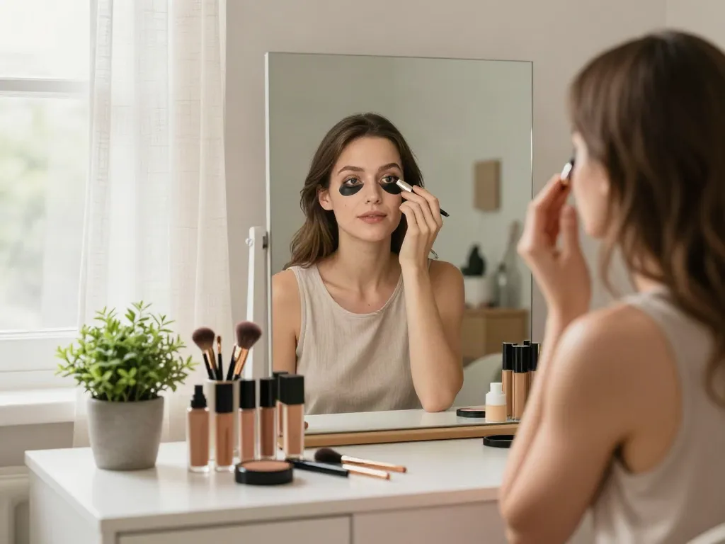 Augenringe abdecken mit Concealer am Schminktisch in modernem Zuhause