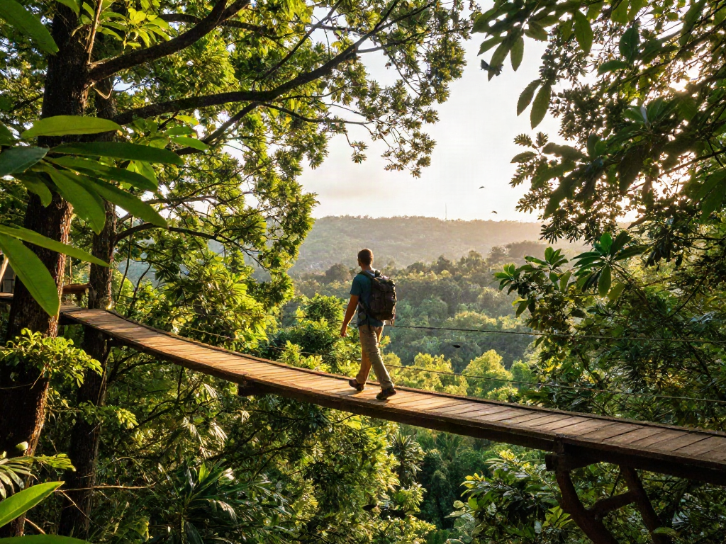 Treetop Walkway at sunset with adventurer crossing elevated bridge surrounded by lush canopy.
