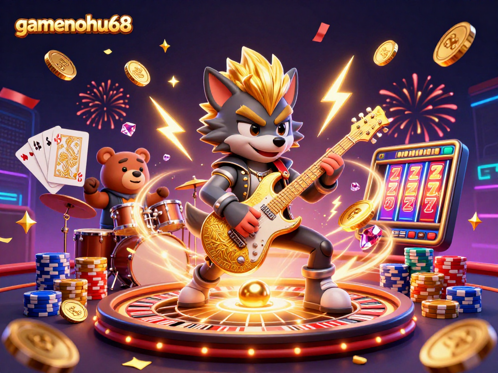 Experience thrilling wins at gamenohu68 with vibrant casino action featuring a rock star wolf and drummer bear.