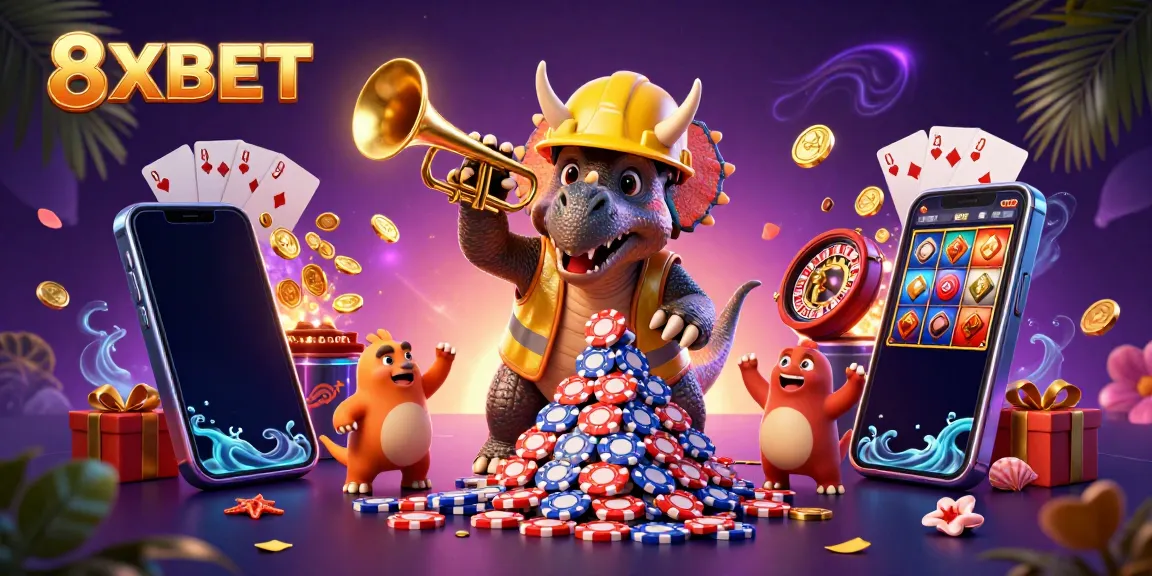 Join the fun at 8XBET with vibrant characters building excitement around casino games!