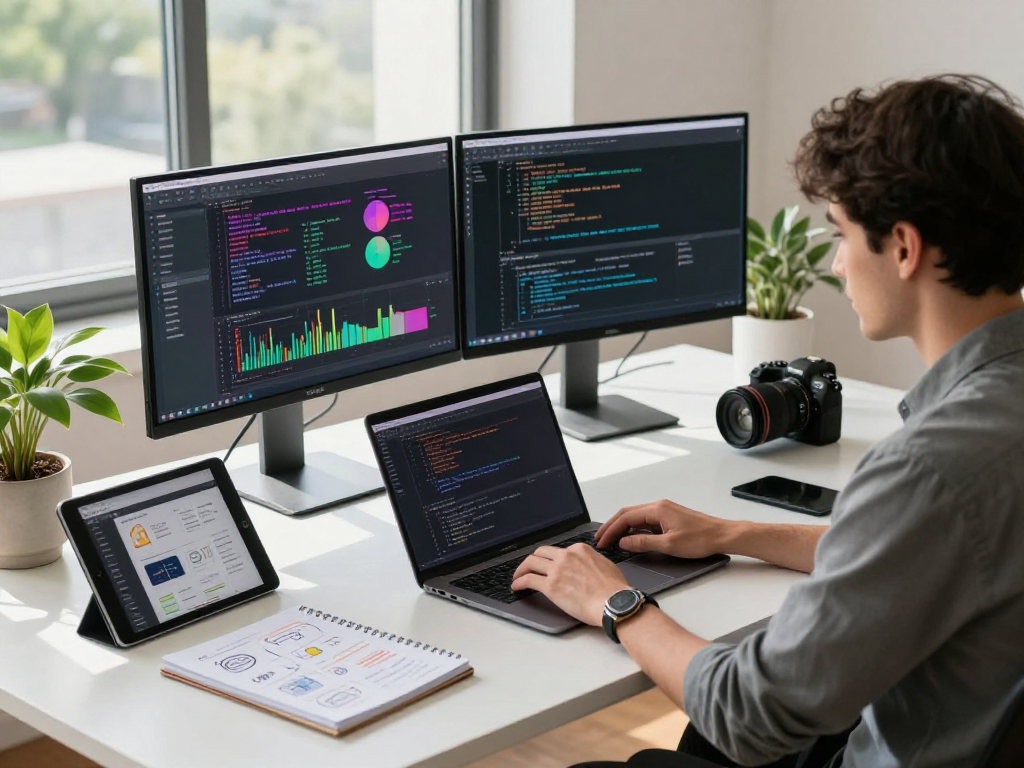 mantra88 software developer coding in a modern workspace with vibrant graphs and tech gadgets.