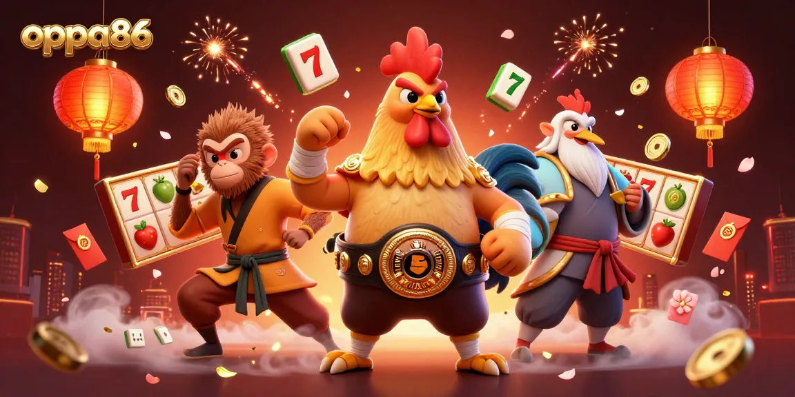 Experience the excitement of oppa86 with a vibrant scene featuring dynamic characters and casino elements.