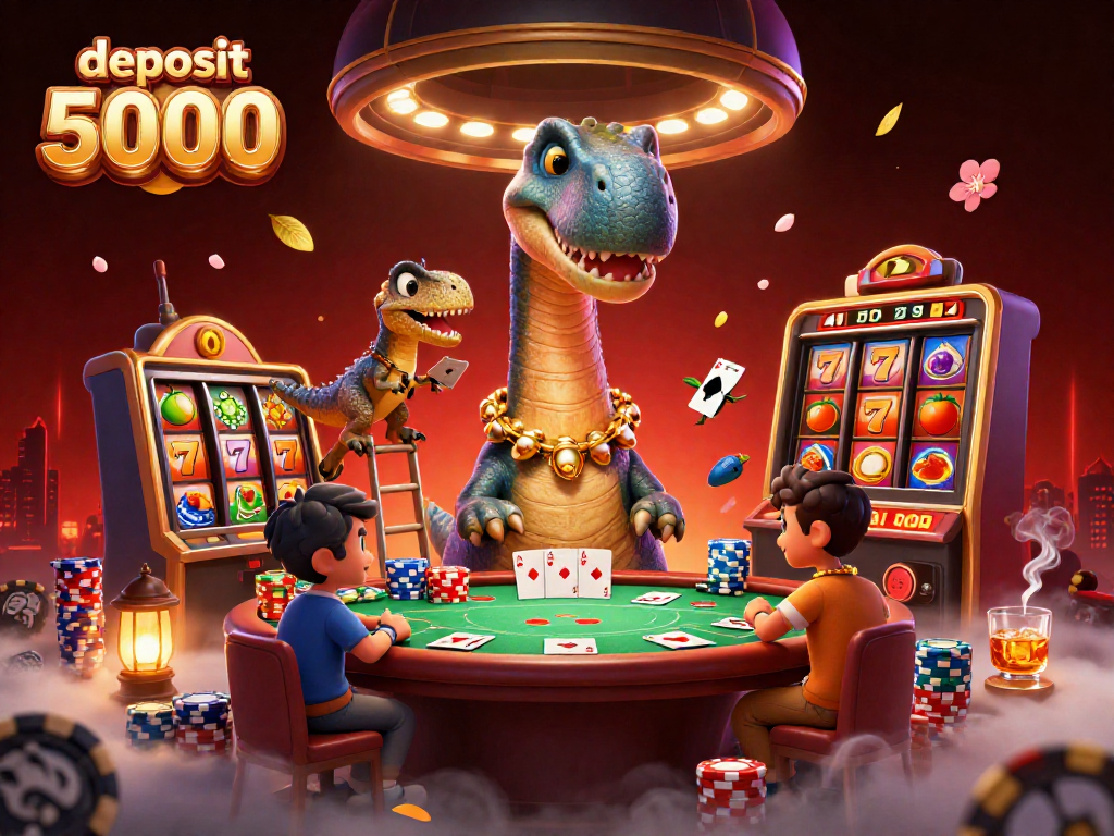 Experience deposit 5000 excitement with a vibrant 3D casino-themed illustration of dynamic characters and elements.