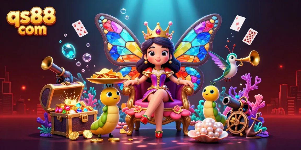 Engage with the vibrant qs88 com scene featuring a butterfly queen, chips, and underwater treasure, perfect for gambling excitement.