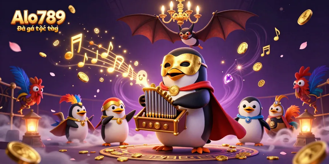Alo789 Đá gà trực tiếp brings excitement with dynamic illustration of a penguin organist and golden coins