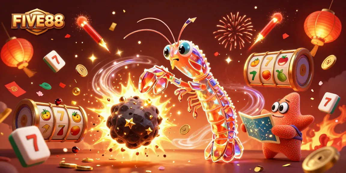 Experience the excitement at FIVE88 with our galactic samurai and slot reels amidst a treasure-filled scene.