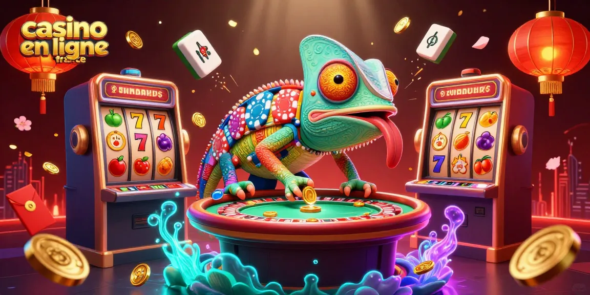 Illustration dynamique de casino en ligne France avec un caméléon avant le jeu de roulette, attrapant des pièces d'or.