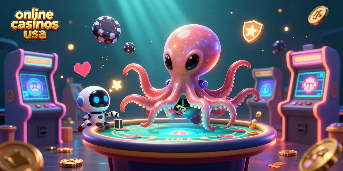 Experience the thrill of online casinos USA with a holographic poker table and fun characters.