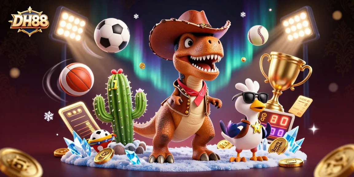 Win big at DH88 with a vibrant 3D scene of a cowboy dinosaur alongside sports-themed elements.