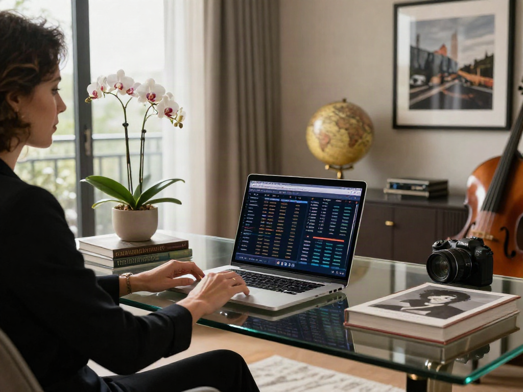 Gaya hidup mewah luxury111 di ruang kerja modern dengan laptop dan dekor kelas atas.