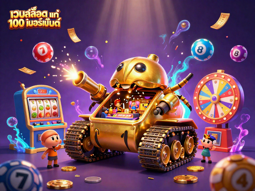 Experience thrilling moments with เว็บสล็อต แท้ 100 เปอร์เซ็นต์ as colorful lottery elements rain down around a jackpot slot machine.