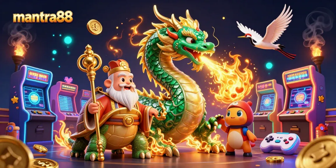 Engage with mantra88 through an epic illustration of a dragon with golden fire, arcade machines, and lucky cranes.