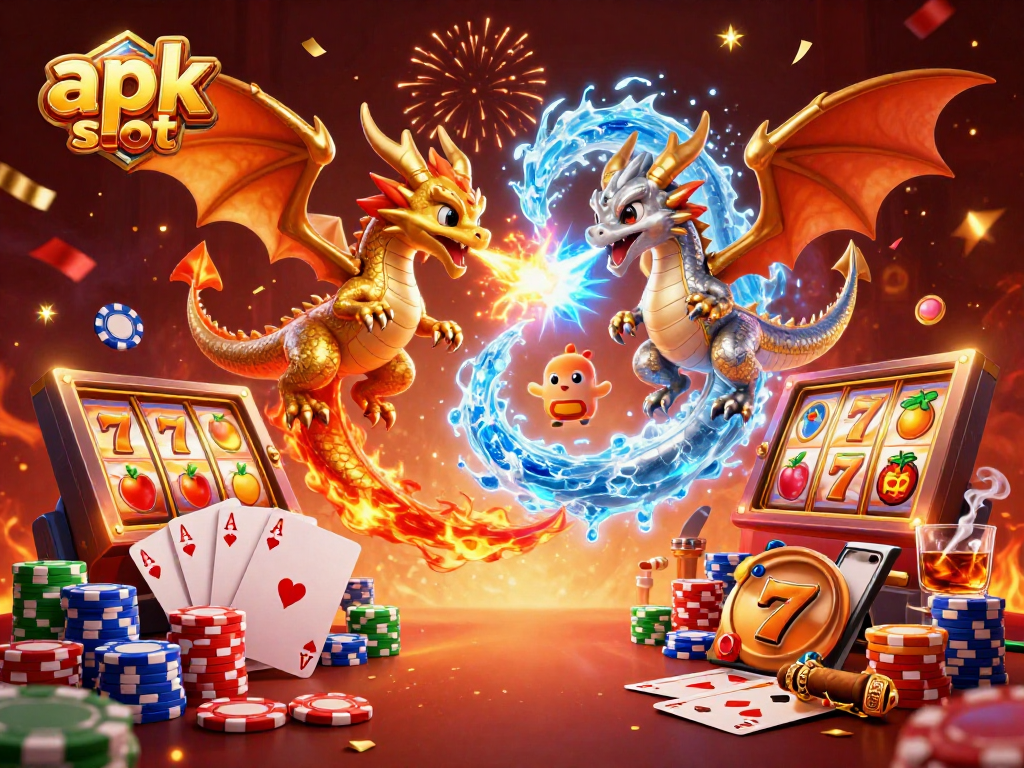 Menang lebih dengan apk slot, ilustrasi slot dengan naga 3D di latar belakang keceriaan dan permainan