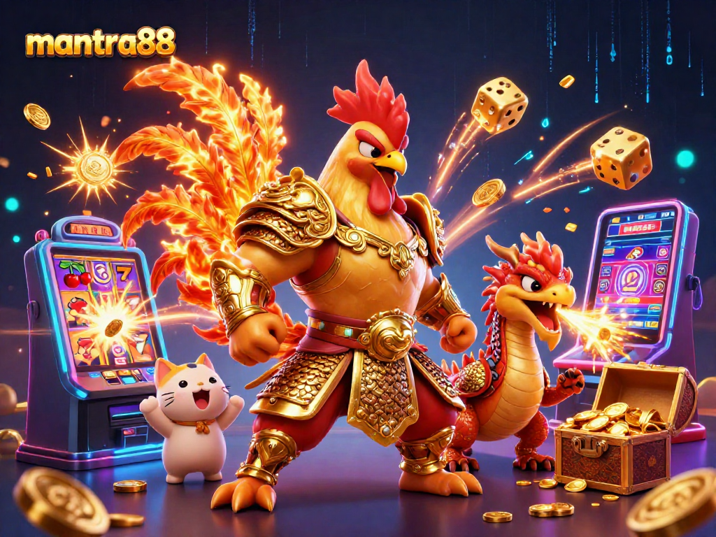 Experience excitement with mantra88's thrilling 3D gaming scene featuring a warrior rooster and dragon amidst slot machine jackpots.