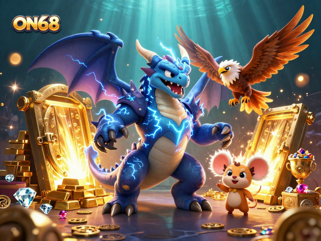 Experience the thrill of ON68 with a vibrant 3D scene featuring dynamic characters and golden treasures.