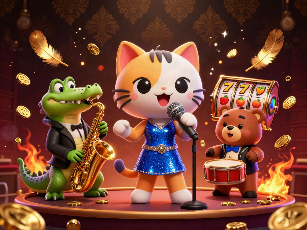 Memainkan slot gacor hari ini dengan karakter kucing penyanyi jazz, buaya pemain saksofon, dan beruang memainkan drum di kasino.