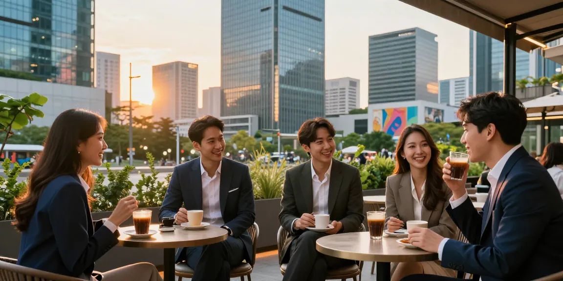 강남 세이렌과 함께하는 젊은 전문가들이 즐거운 대화를 나누며 커피를 마시는 모습