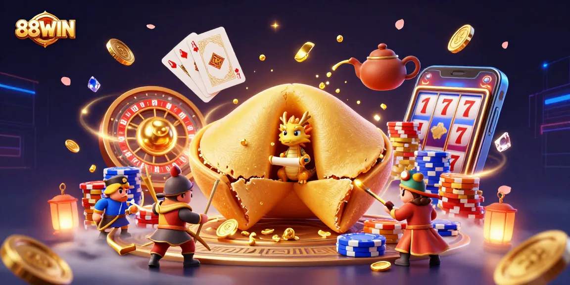 Experience the thrill of 88WIN with an exciting fortune cookie scene filled with golden rewards and dynamic casino elements.
