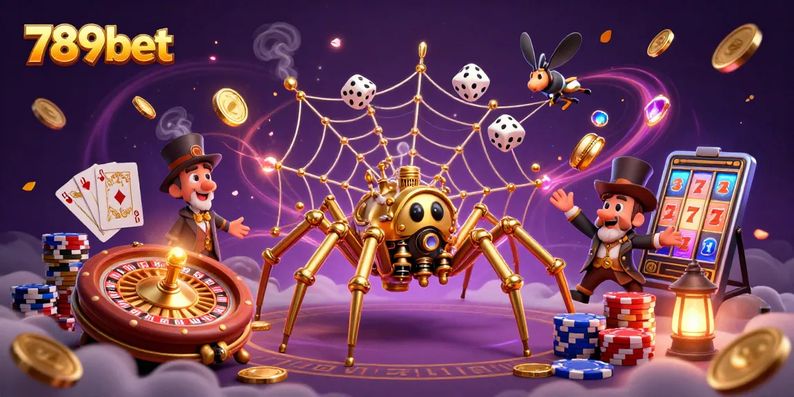 Experience the thrill of 789bet as a steampunk spider catches dice with its web amidst vibrant casino elements.