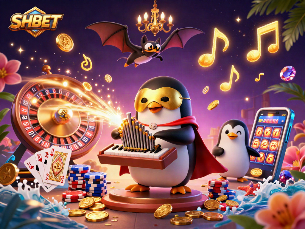 SHBET casino scene with a penguin playing an organ, surrounded by golden coins and a bat acrobat.