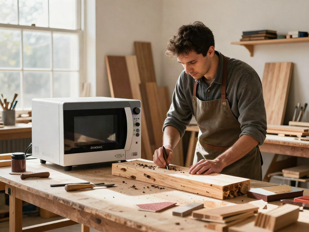 SHASHEL® microwave technology eliminates wood-boring insects in a modern workshop setting, showcasing innovation in wood treatment.