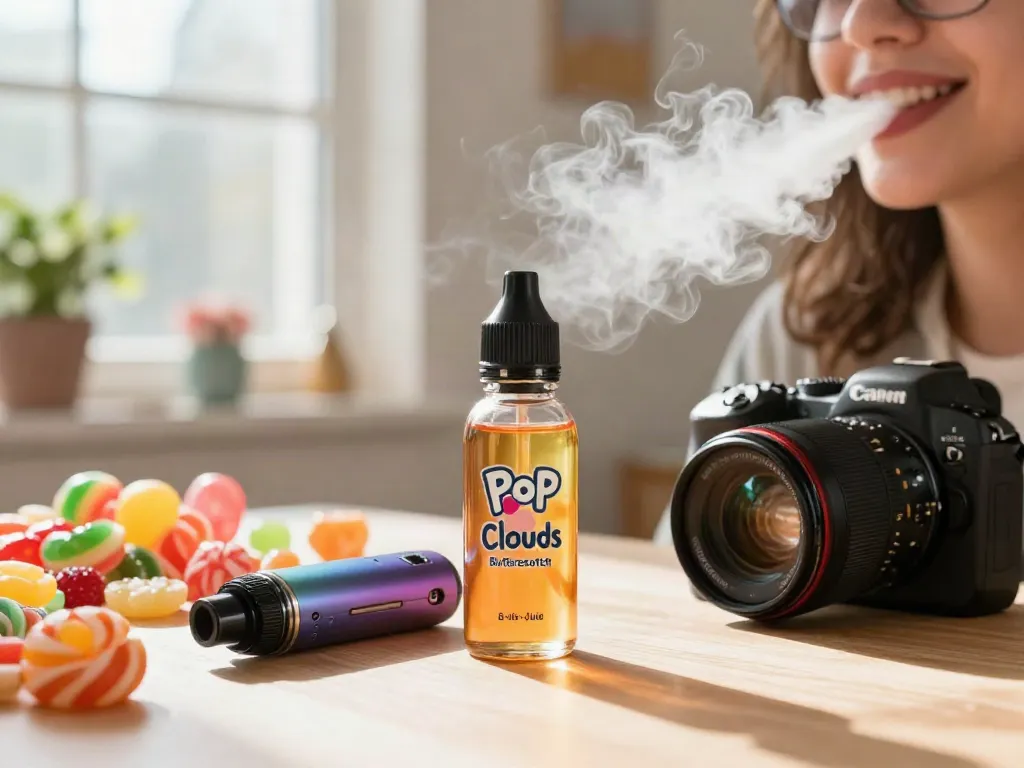 Person enjoying Pop Clouds Butterscotch vape in bright home setting with candy nearby.