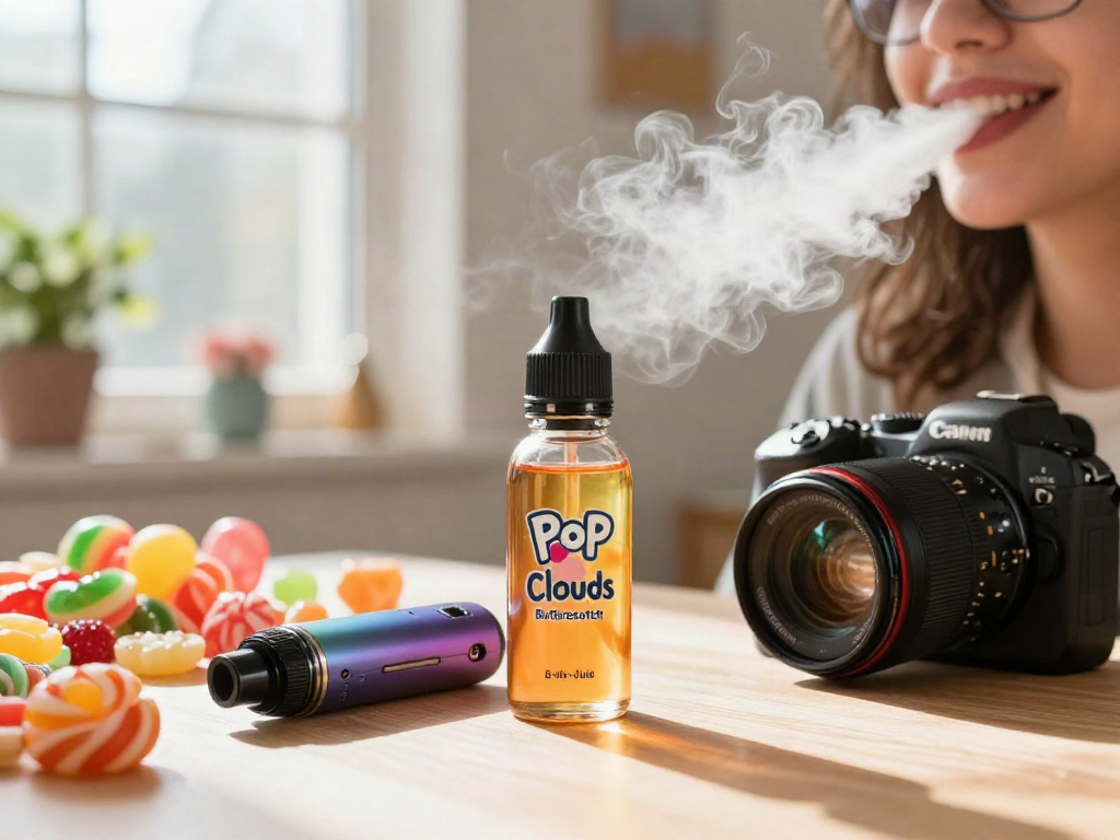 Person enjoying Pop Clouds Butterscotch vape in bright home setting with candy nearby.