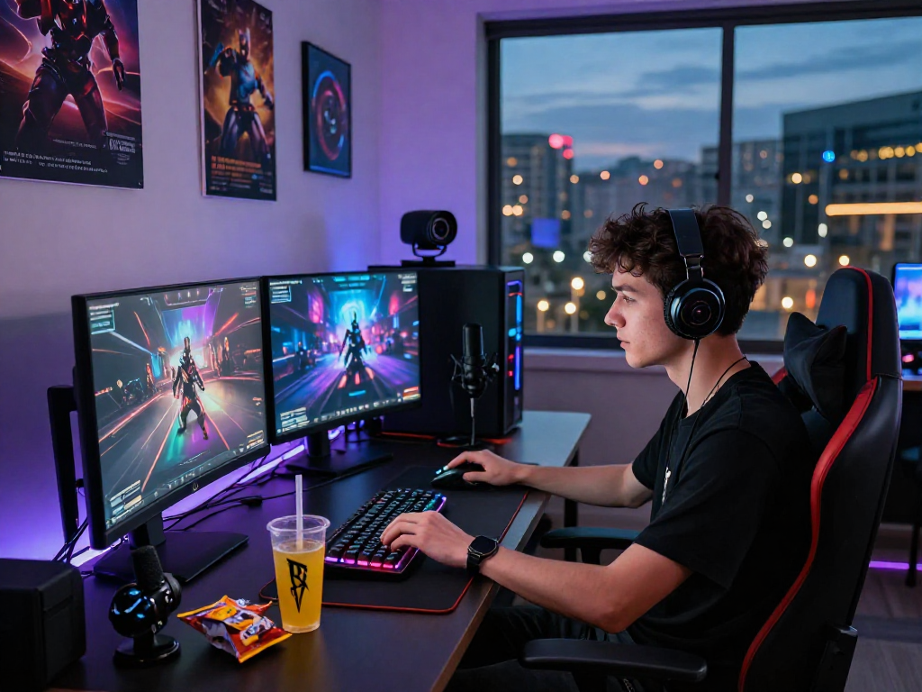 Focused young adult gaming setup showcasing lavowin-themed monitors and vibrant décor.