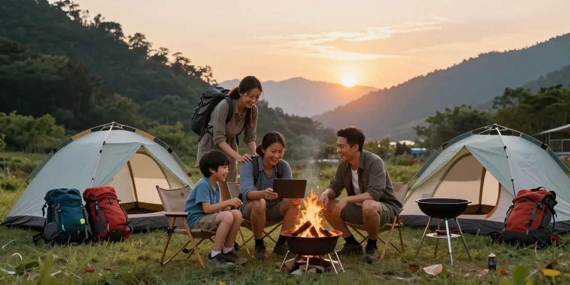 Family adventure with mantra88 at a beautiful mountain campsite, setting up outdoor entertainment amid nature.