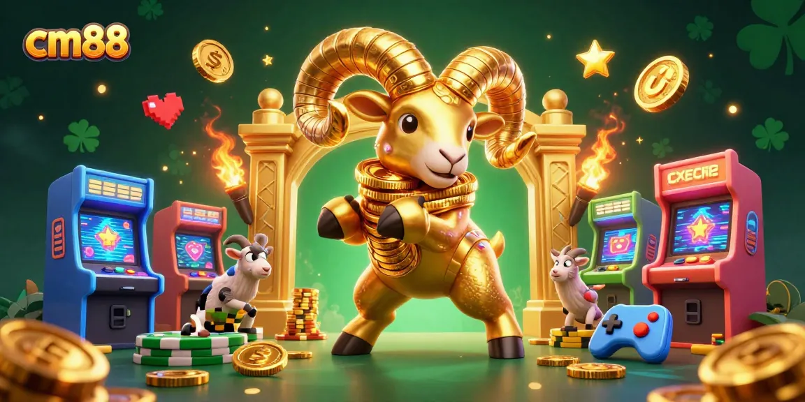 Engage with cm88's exclusive online casino games featuring a golden ram charging through a vibrant gaming scene.
