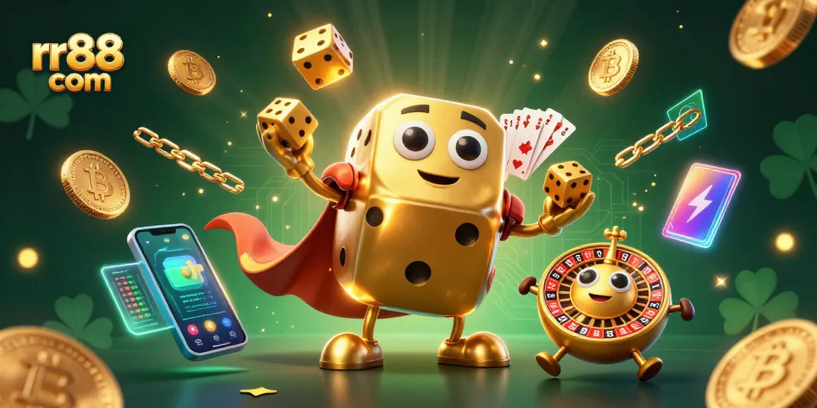 Experience thrilling games at rr88 com with dynamic golden dice characters amidst vibrant neon gaming elements.