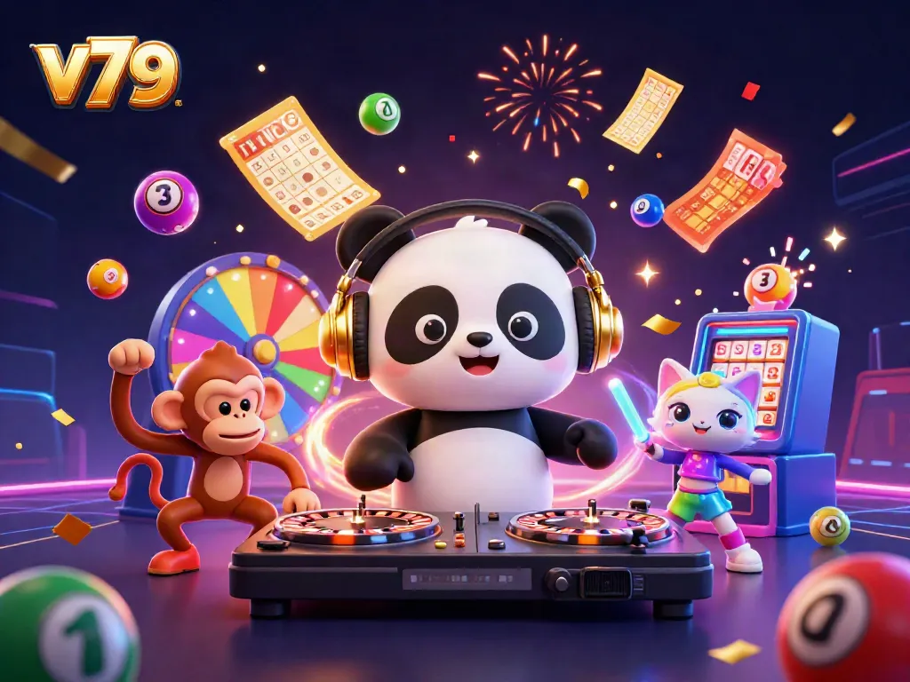 Experience fun with v79 as a DJ panda spins on roulette wheels amidst colorful casino elements.