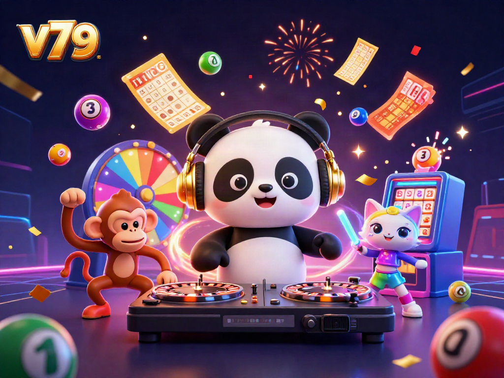 Experience fun with v79 as a DJ panda spins on roulette wheels amidst colorful casino elements.