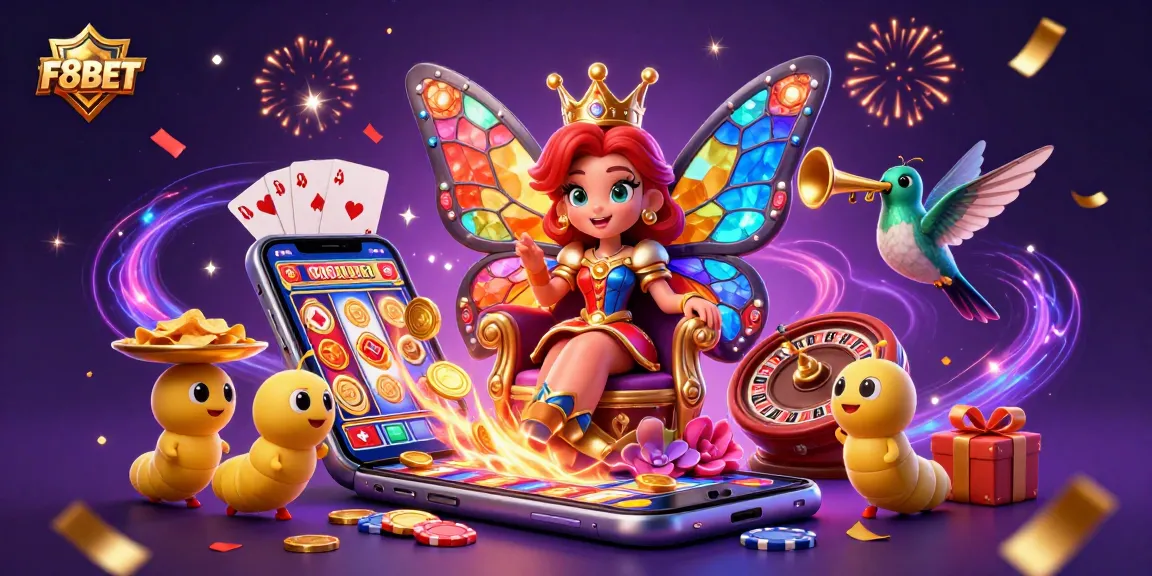 Experience the magic of F8BET with vibrant casino gaming elements in a dynamic 3D illustration.