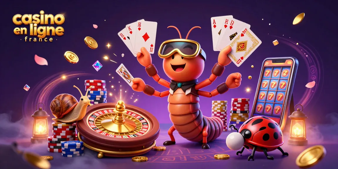 Jouez à casino en ligne France avec un croupier millipède et des jetons colorés dans une scène animée.