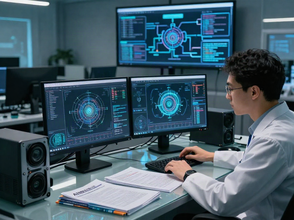 Expert analyzing AI image detection technology in a modern lab.