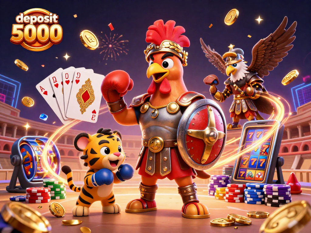 Witness the excitement of deposit 5000 at a vibrant casino-themed illustration filled with action and rewards.