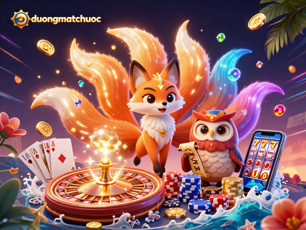 Play the exciting duongmatchuoc slot game with vibrant characters and cascading gold coins.