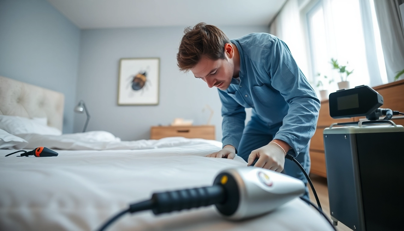 Implementing bed bug heat treatment with high-tech equipment in a clean bedroom.