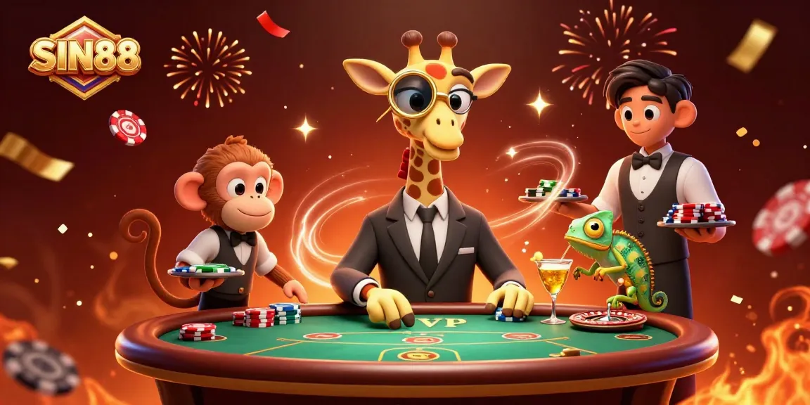Engage with SIN88 at a vibrant poker showdown featuring a giraffe and friends