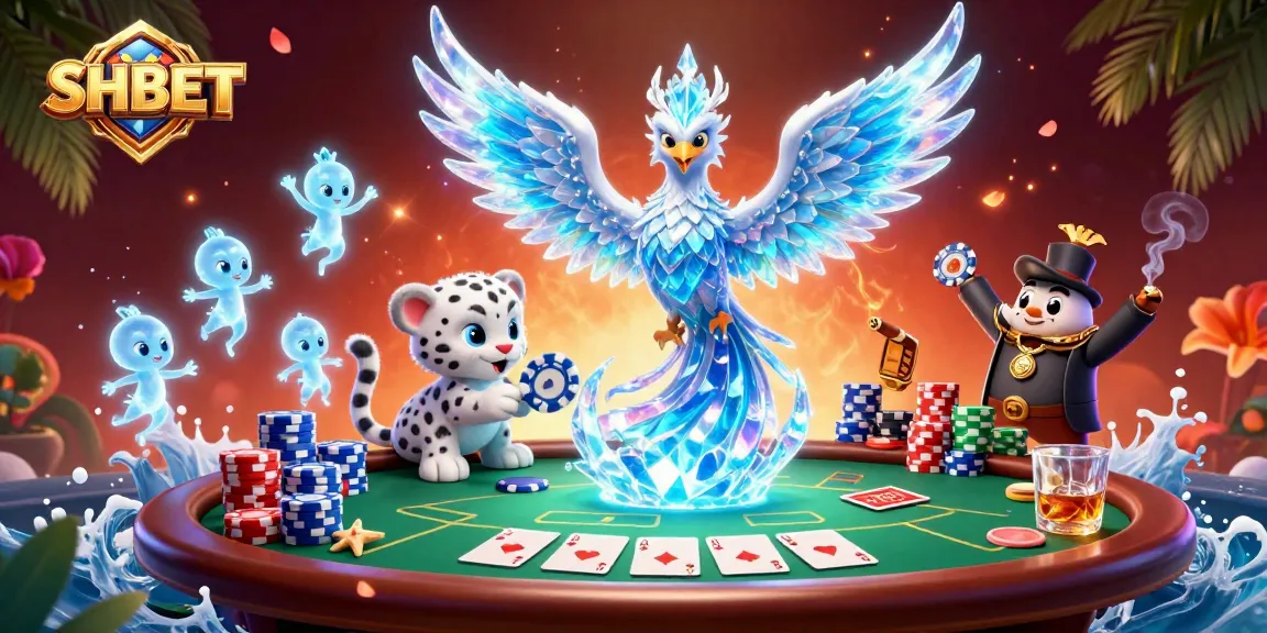 Experience the vibrant energy of SHBET with a captivating 3D casino scene filled with poker and ice-themed elements.