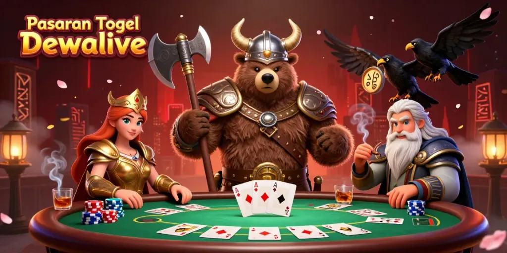 Engage in Pasaran Togel Dewalive inspired gaming with vibrant characters, poker action, and dynamic visuals.