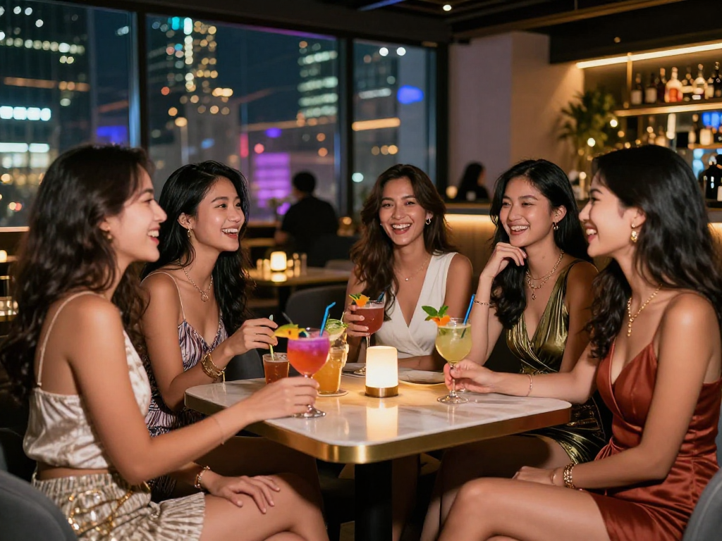 Nhóm gái gọi vui vẻ trong buổi tối tại quán bar hiện đại với ánh đèn thành phố lung linh.