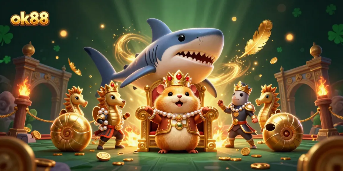 Join the fun at ok88 with a fierce golden hamster king leading the way in this captivating casino scene!
