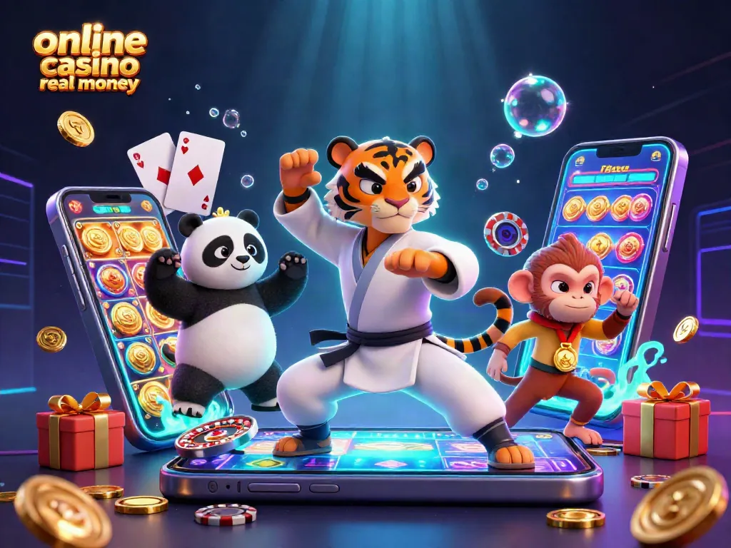 Experience the excitement of online casino real money games with cartoon characters amidst jackpot elements.