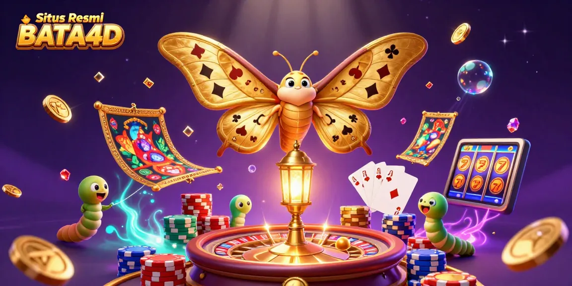 Experience the excitement at Situs Resmi BATA4D with vibrant casino elements featuring a majestic moth and glowing game symbols.