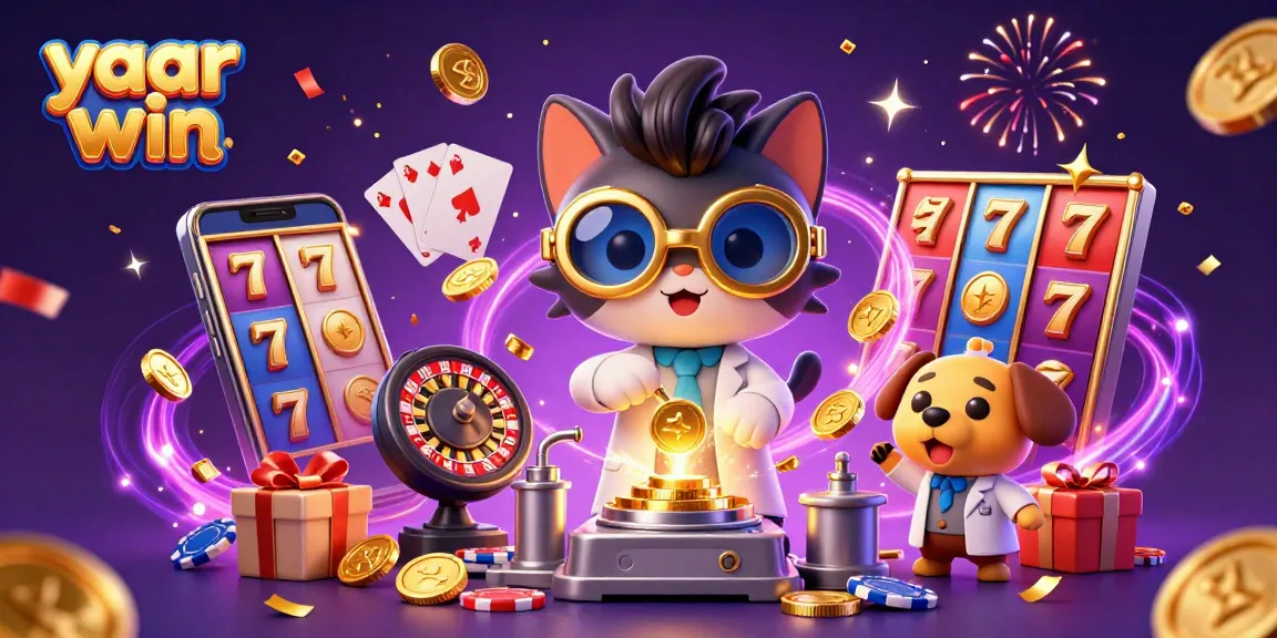Engage with yaar win at a vibrant casino scene featuring a mad scientist cat and assistant.