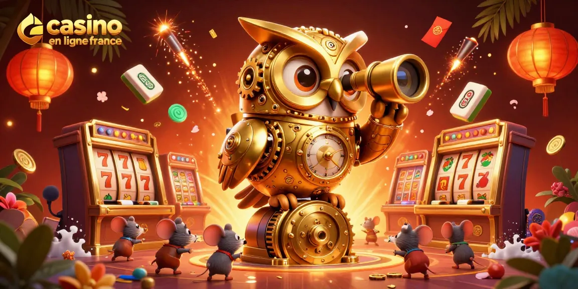 Découvrez l'énergie des jeux au casino en ligne France avec un hibou doré et des machines à sous.