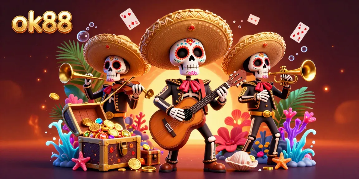 Experience the thrill of ok88 with a vibrant Day of the Dead mariachi band and dazzling casino elements.